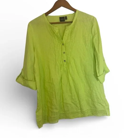Rafaella Womens 100% Linen L Lime Green Lagenlook V-Neck Tunic Top Beach Summer - Picture 2 of 9